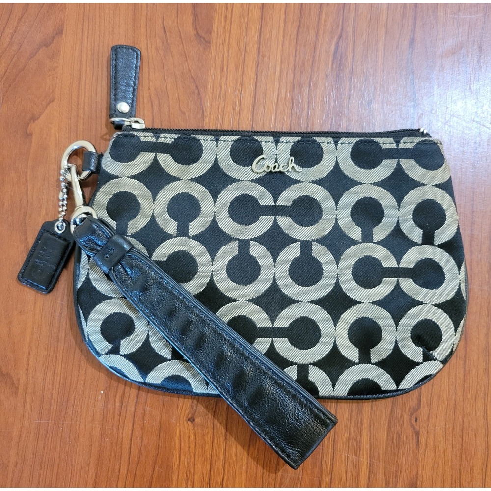 Coach Optic C Signature Jacquard Wristlet Black Grey Silver Logo Bag AS IS